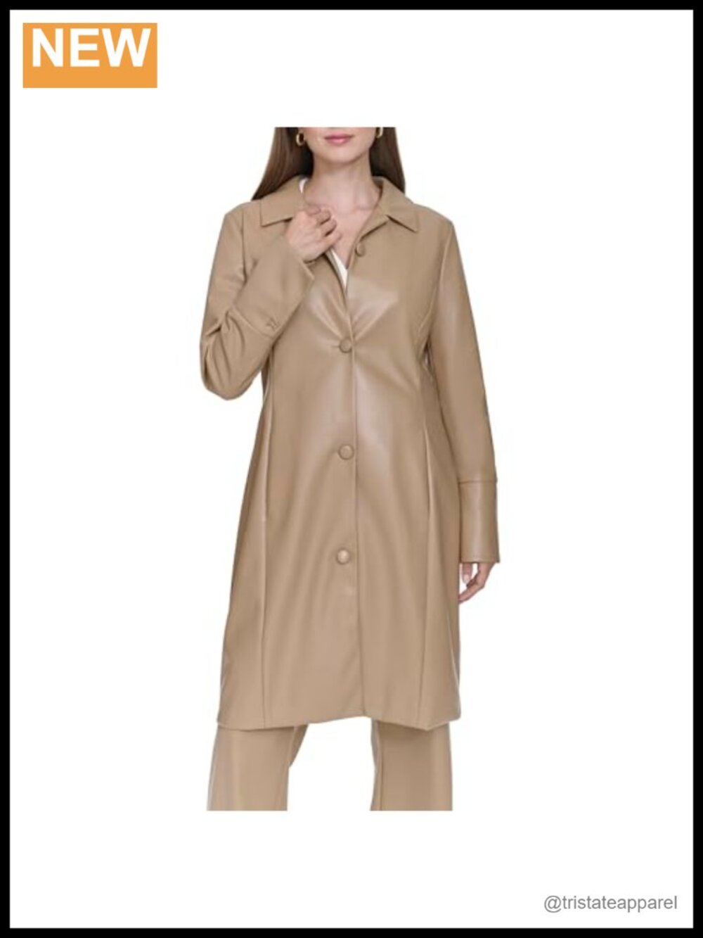 Women's Vegan Leather Trench Coat Long Sleeve with Buttons